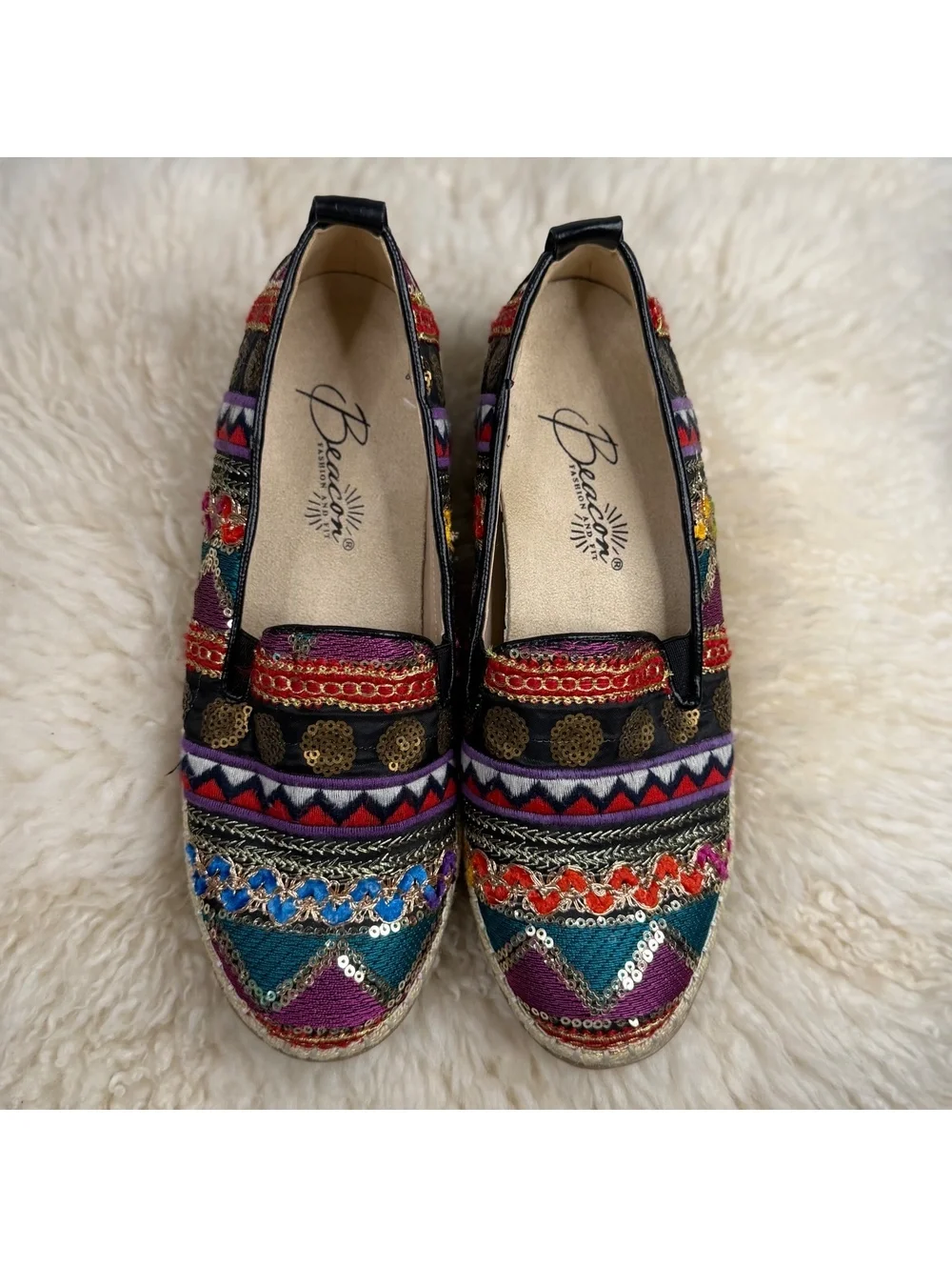 Beacon Womens 6.5 M Embroidered Sequin Espadrille Loafers Boho Multicolor Flats